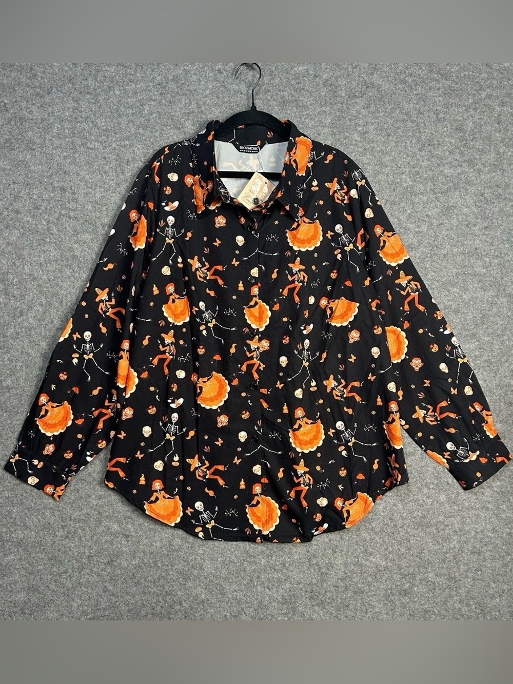 BloomChic WM 14/16 Black Orange Halloween-Day Of Dead Whimsy Button Shirt New